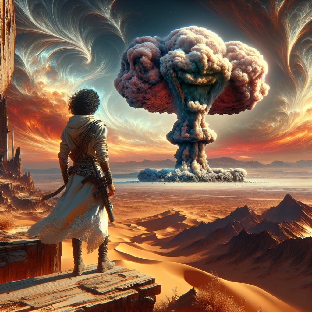 Desert Warrior Witnessing Atomic Blast in Sci-Fi Landscape