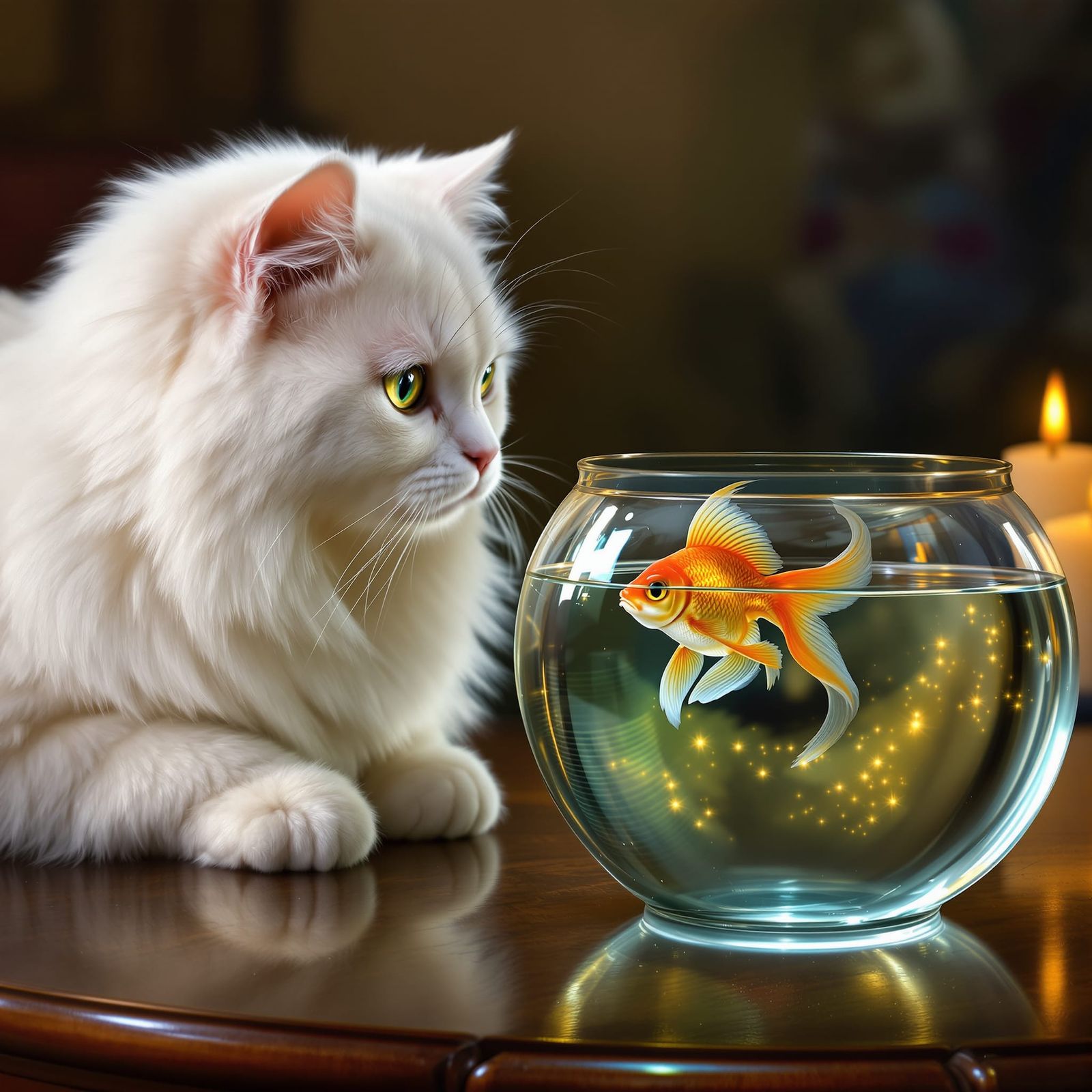 Persian Cat Gazes at Goldfish in Fishbowl