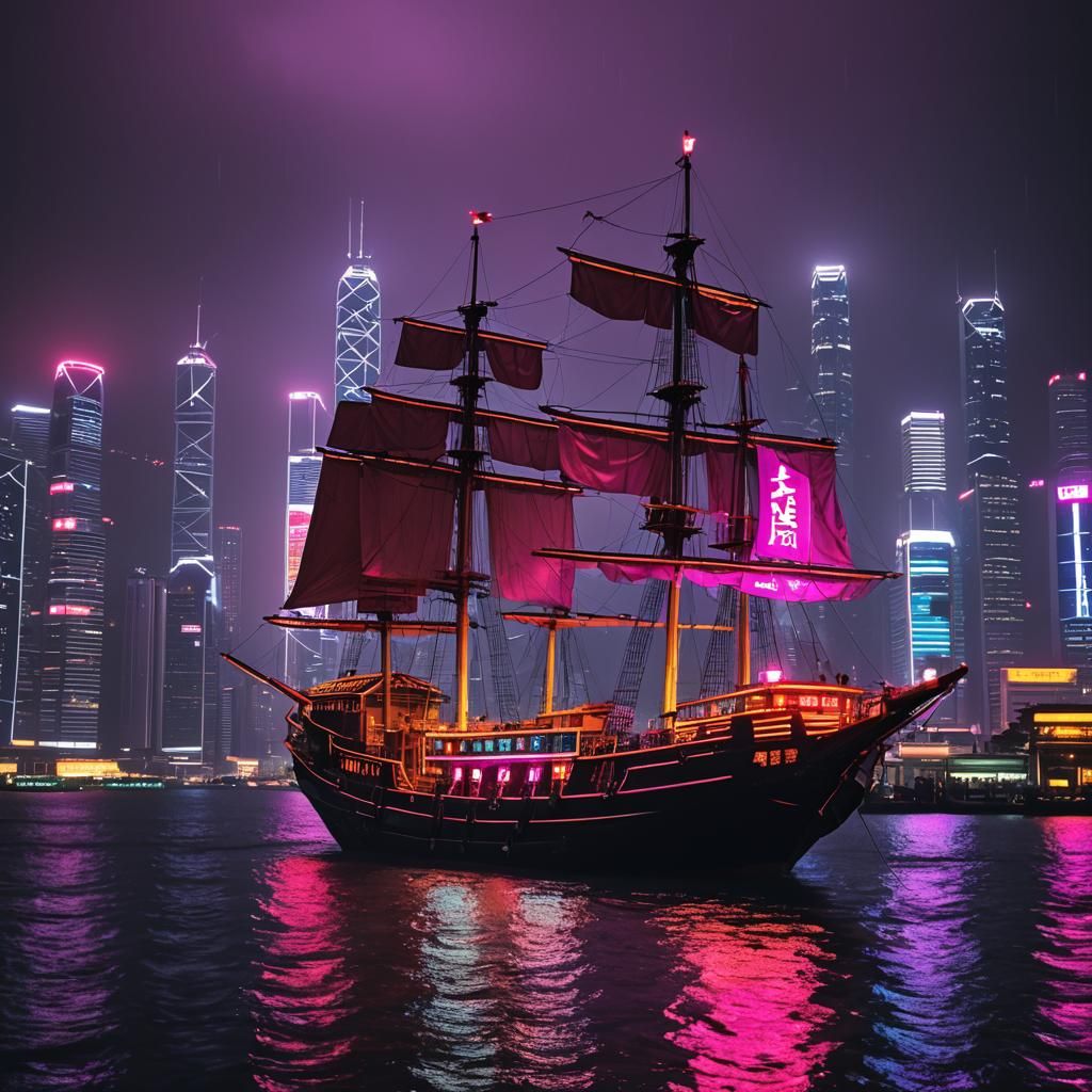 Hong Kong Victoria Harbour in Synthwave Neon