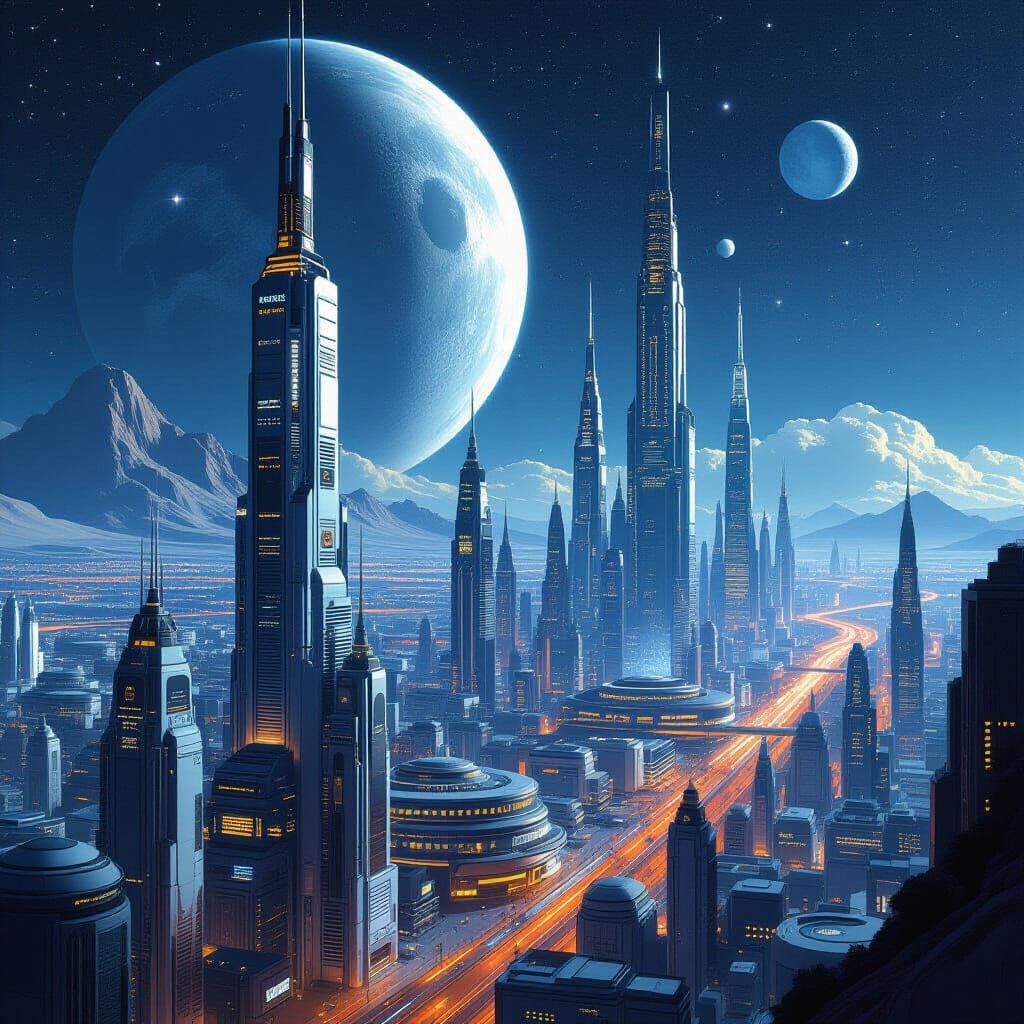 Futuristic Evaris City on Evas Moon in Sci-Fi Style
