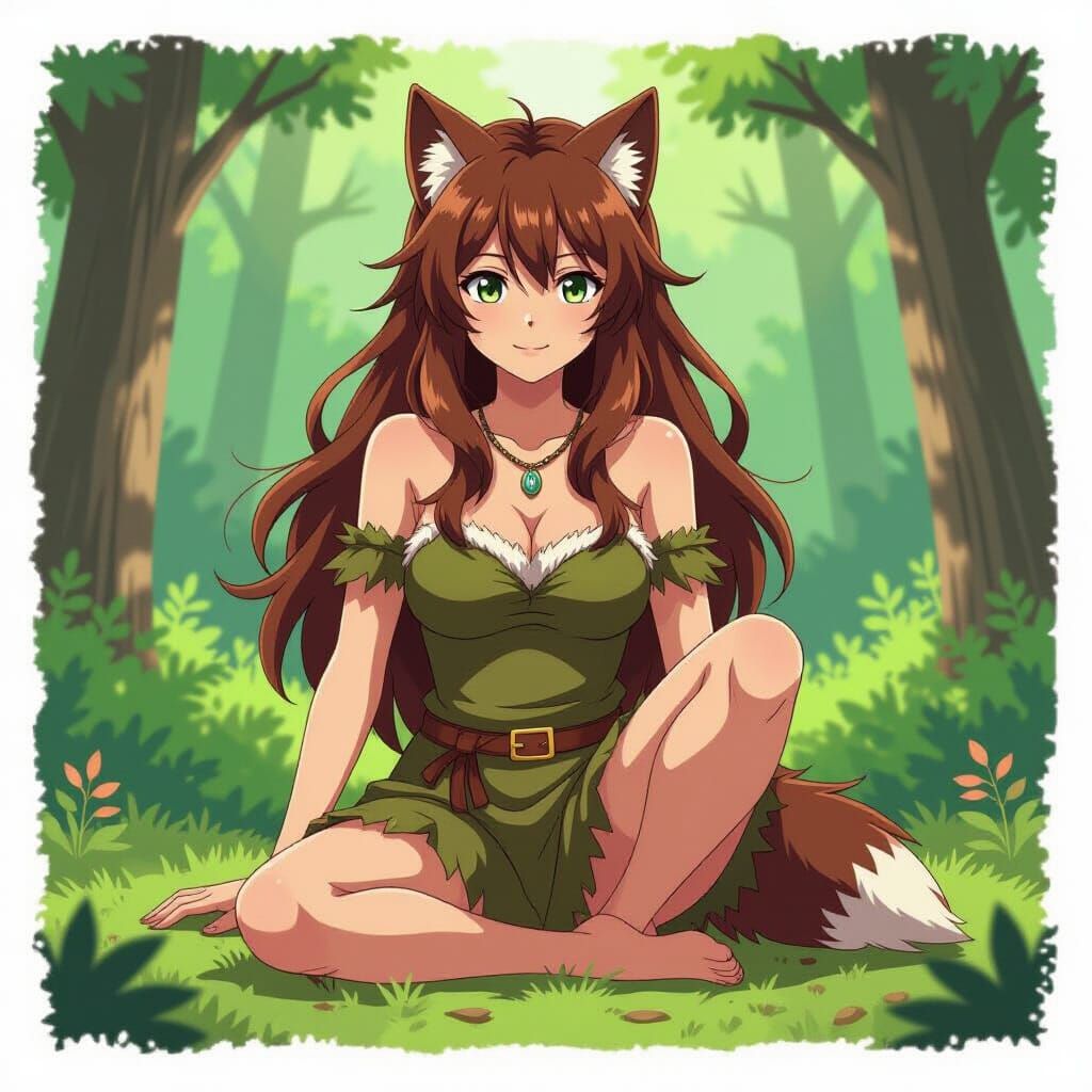Young Brunette Woman with Wolf Features in Forest