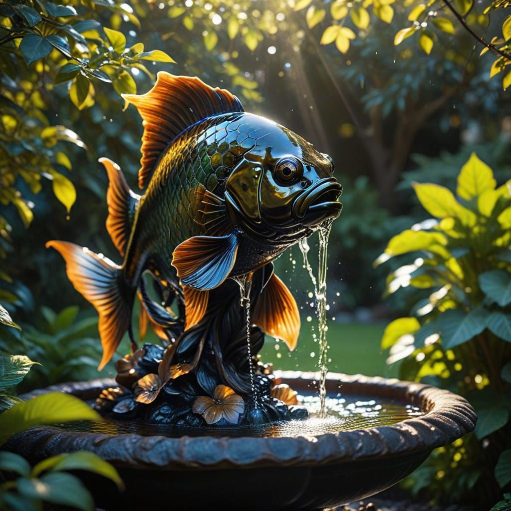 Obsidian Fish Fountain in Lush Garden: Digital Art