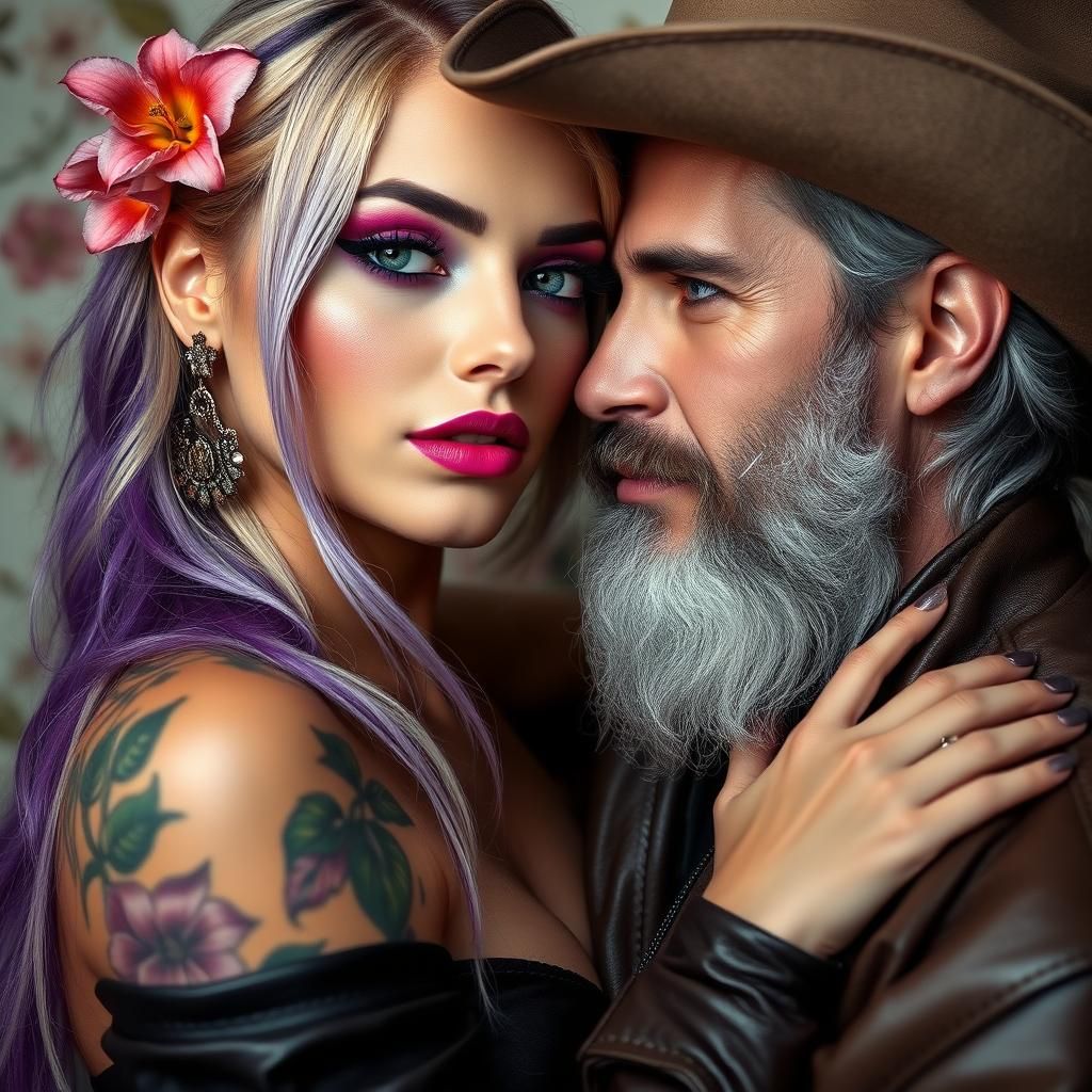 Elegant Woman with Floral Tattoos and Cowboy