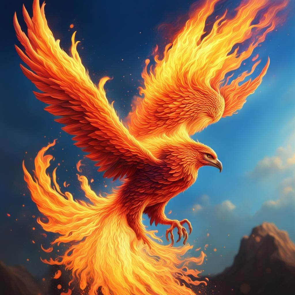 Hyperrealistic Phoenix Soaring in Colorful Sky