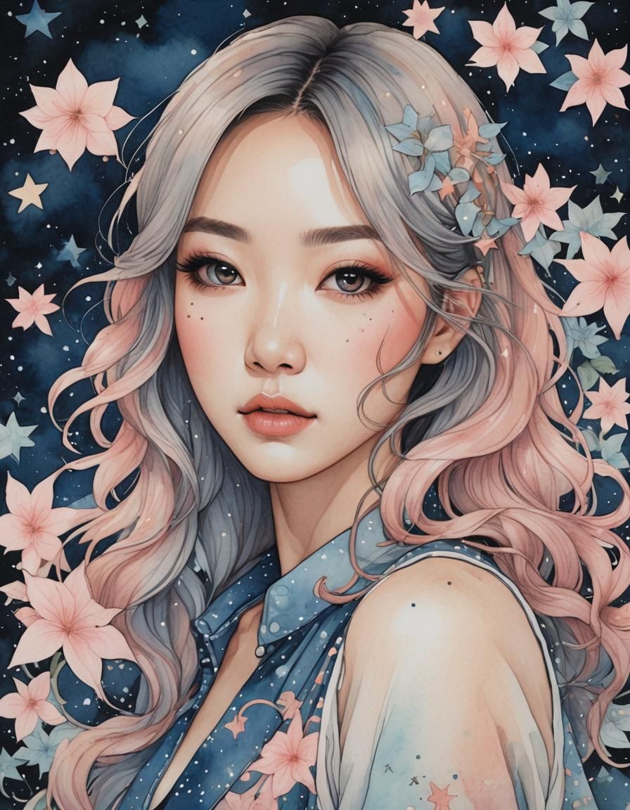 Watercolor Portrait of Young Woman with Stars