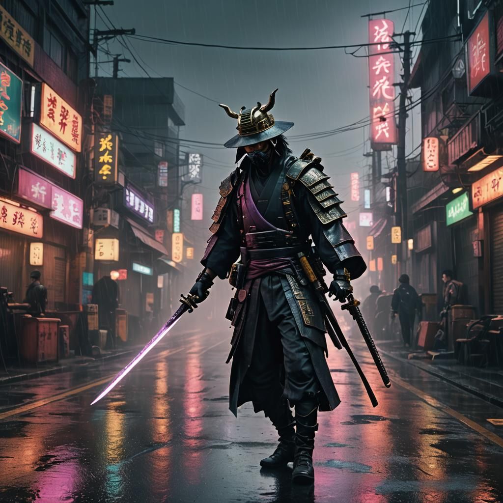 Cyberpunk Samurai with Mechanical Arm in Neon City