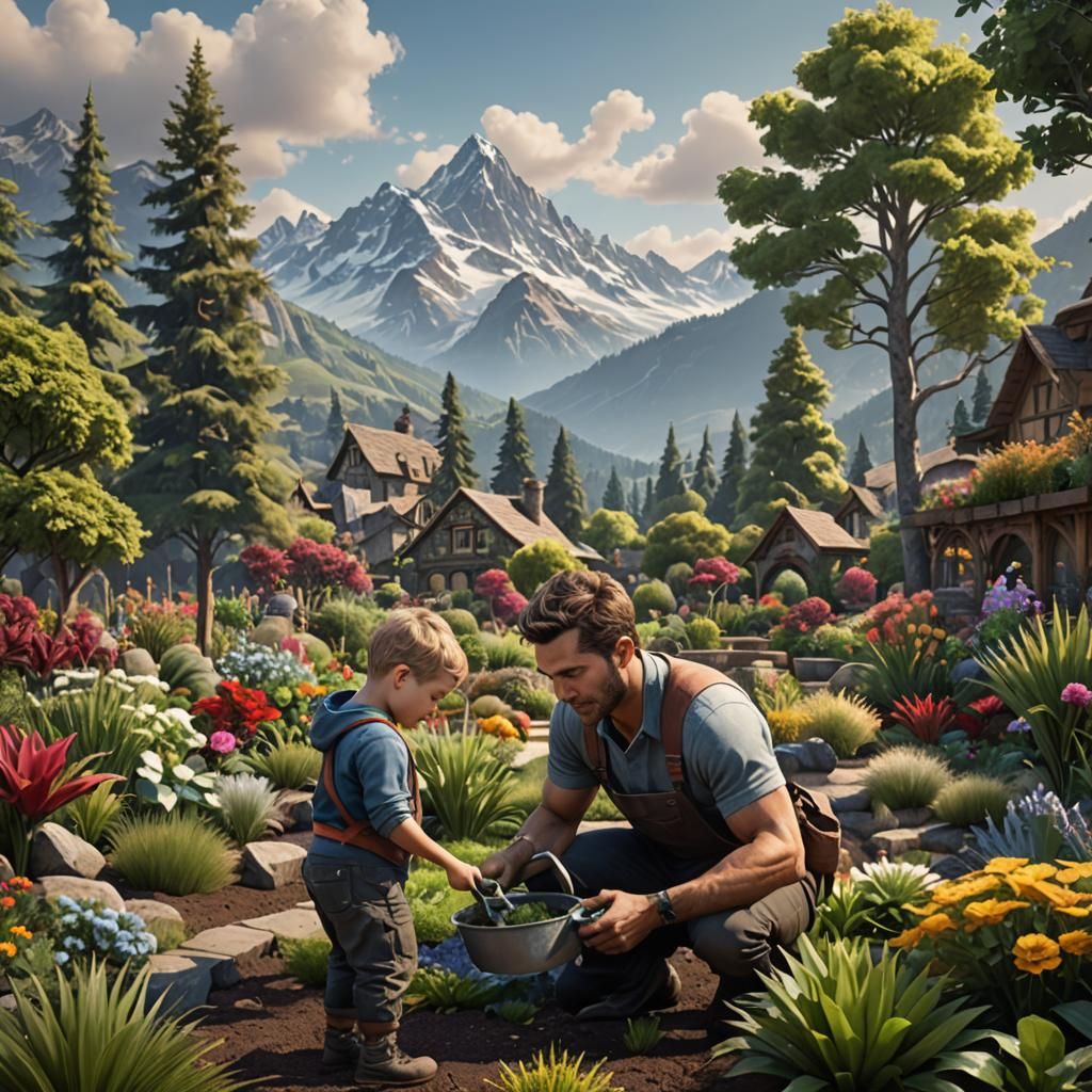 Father and Son Gardening: Detailed Matte Painting