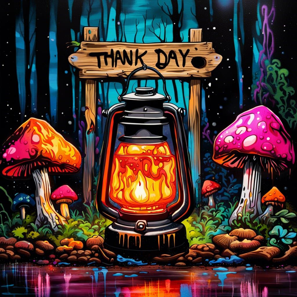 Psychedelic Mushroom Forest with Thank You Sign
