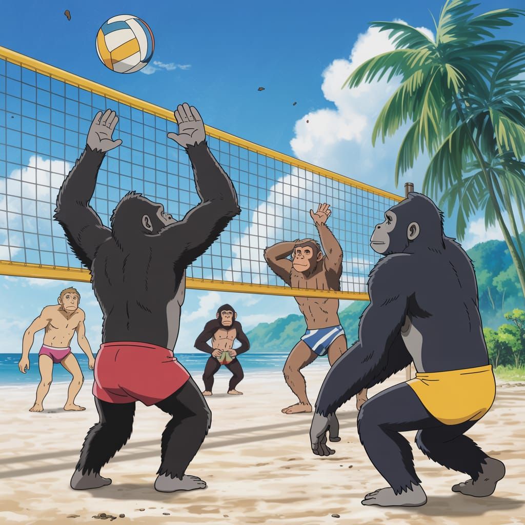 Gorillas and Chimpanzees Play Beach Volleyball, Anime Style