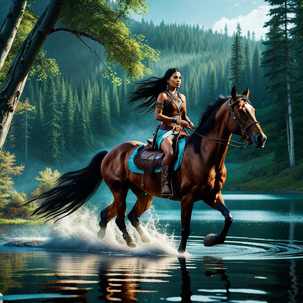Native American Woman on Mustang Stallion