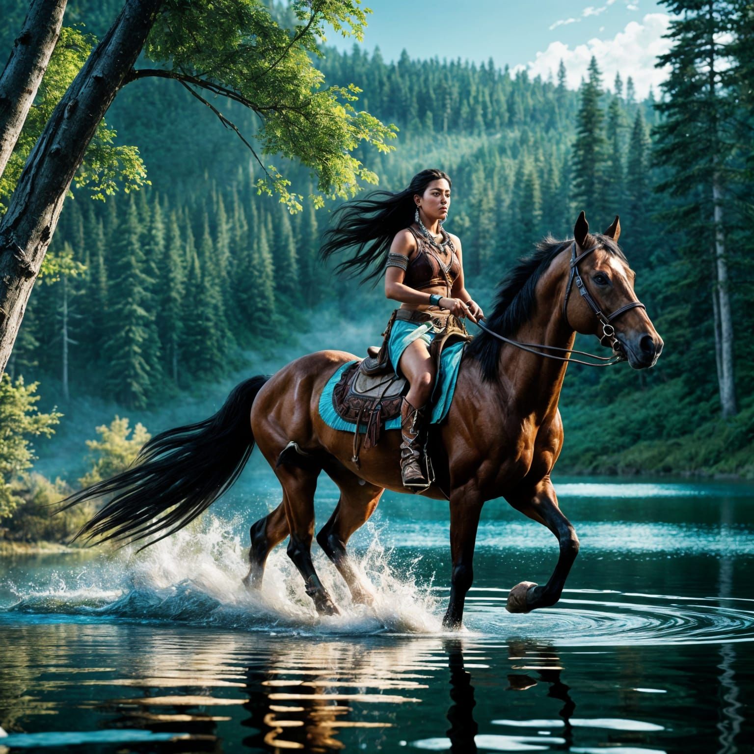 Native American Woman on Mustang Stallion