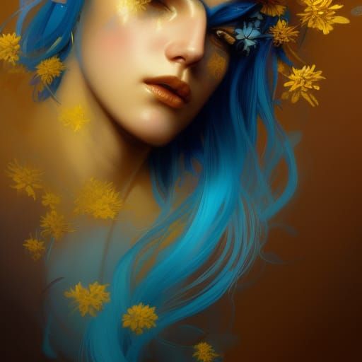 Blue-Skinned Woman Portrait with Golden Hair