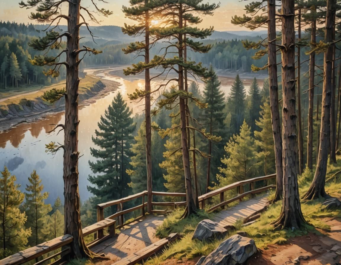 Golden Hour River View in Impasto Watercolor