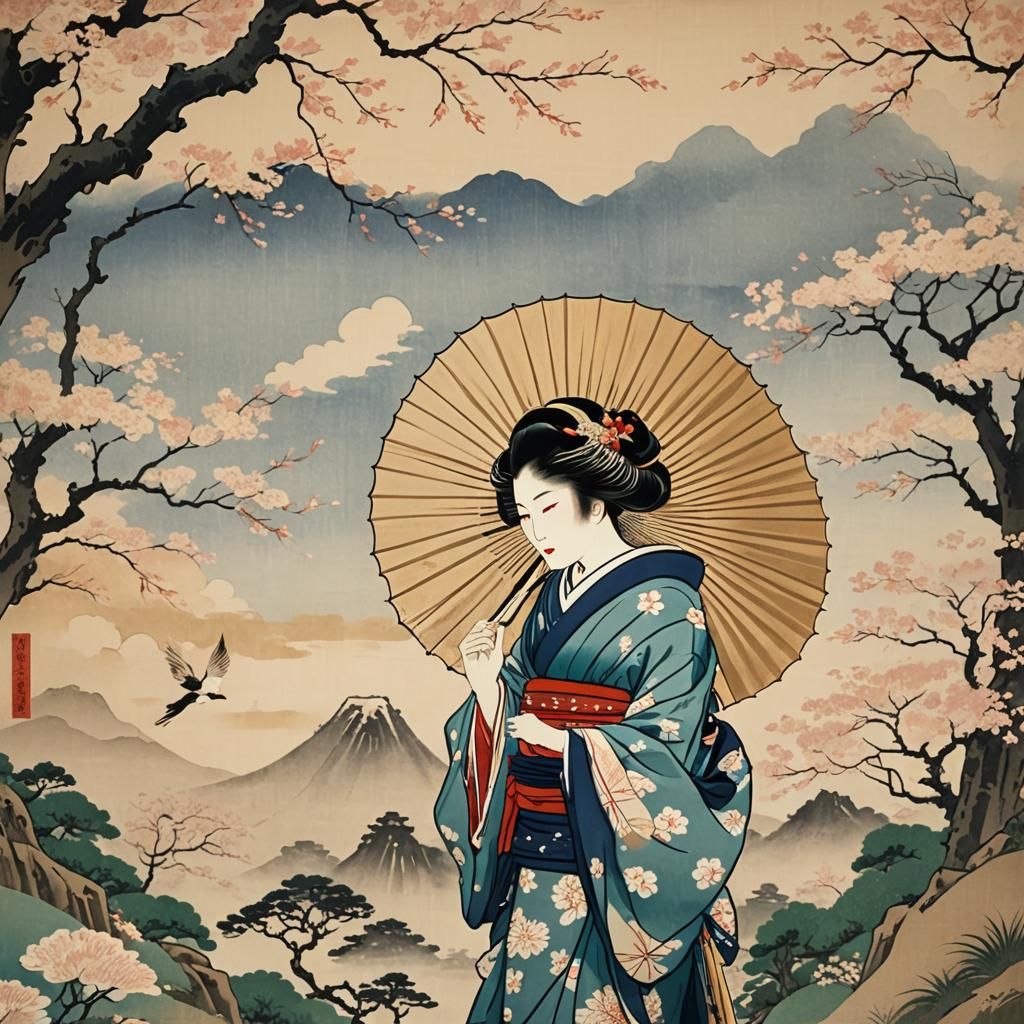 Geisha with Fan in Ukiyo-e Style