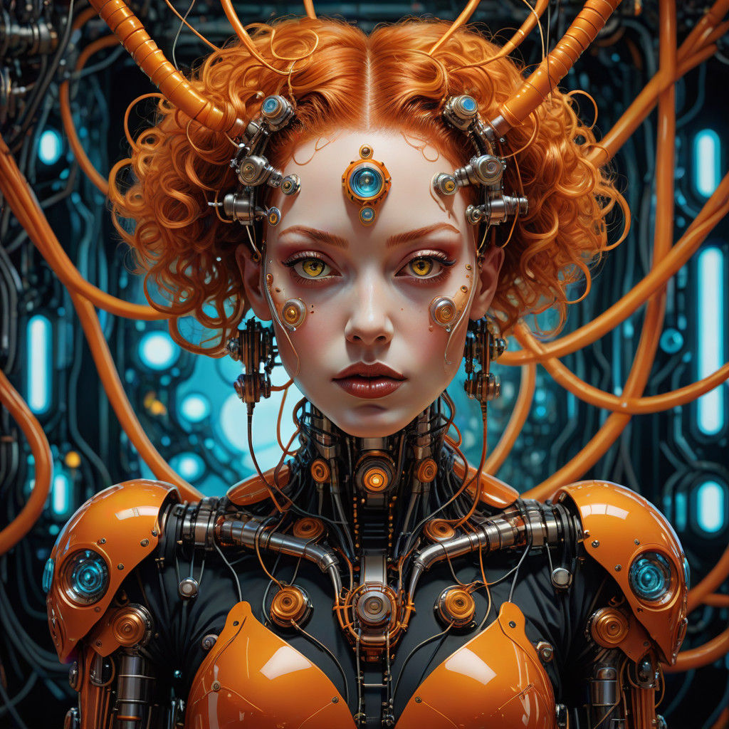 Robotic Bombshell Portrait in Vibrant Cyberpunk Style