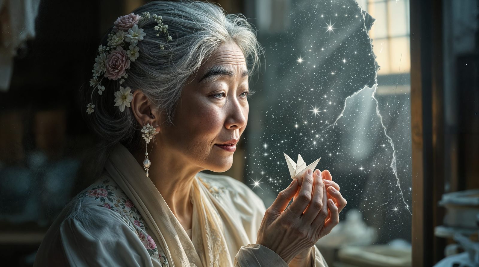 Softly Lit Elderly Woman Holds Time-Worn Paper Crane in Atti...
