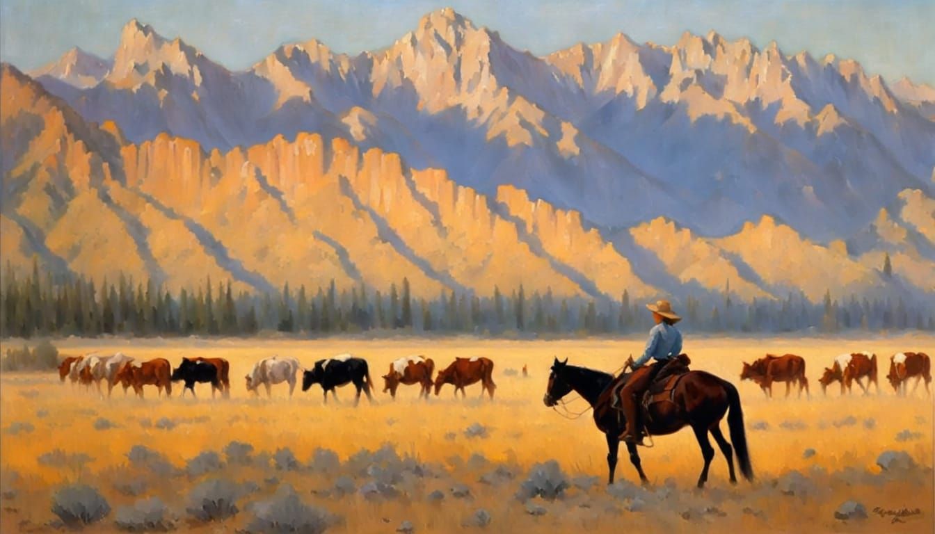Cowgirl in the Sawtooth Mountains: An Impressionistic Oil Pa...