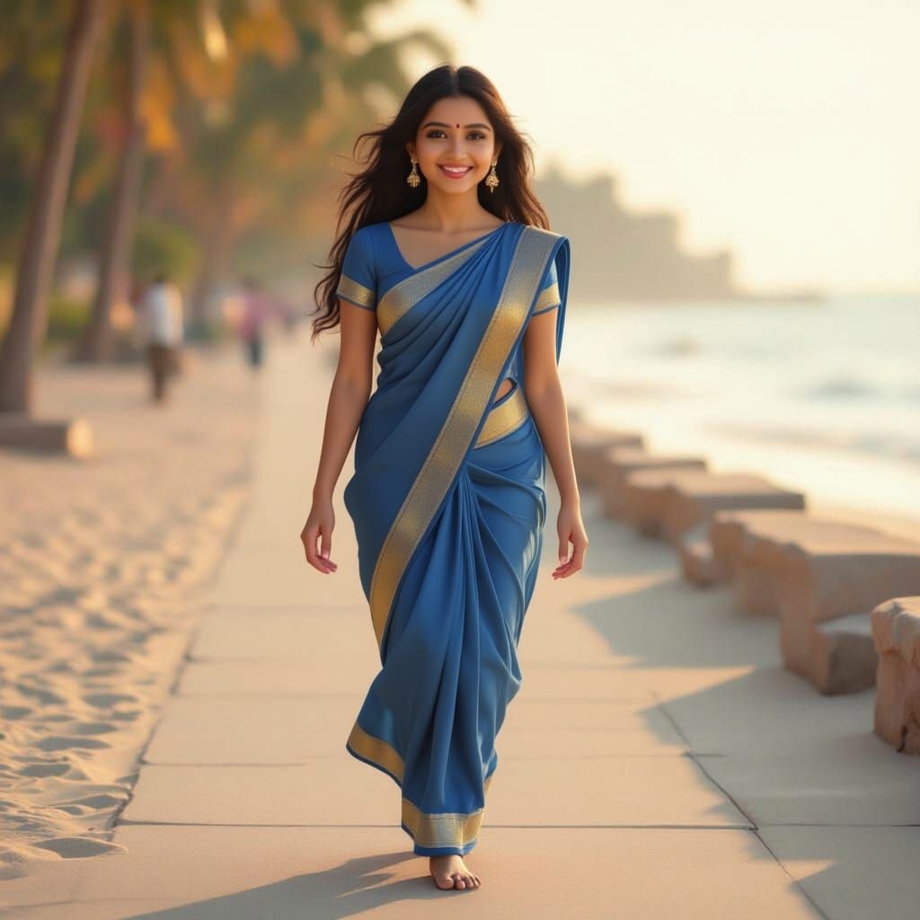 Girl in Pink Saree Laughing on Beach Sidewalk