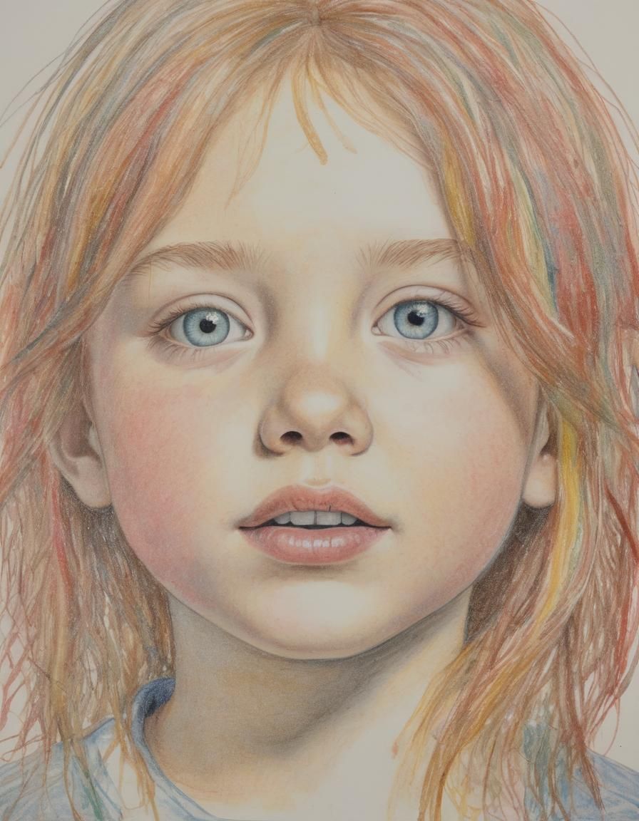 a childs self portrait made with wax crayons