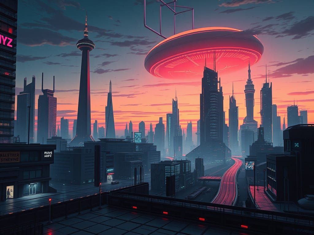 Cyberpunk Cityscape with Glowing Satellite at Dusk