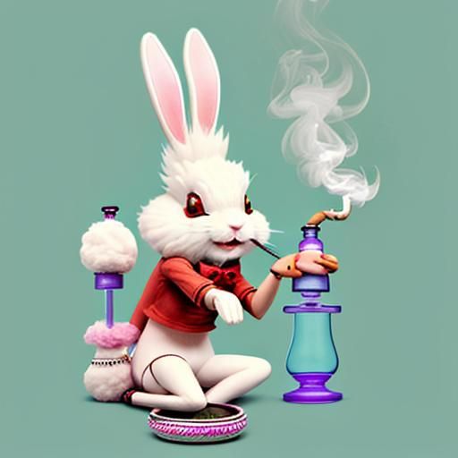 Laughing Rabbit smoking a bong