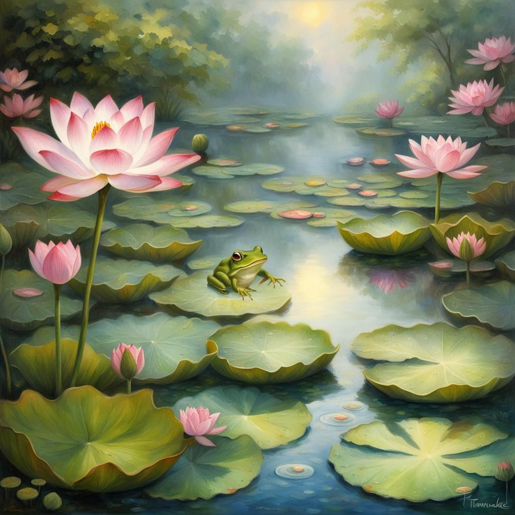 Calm Pond with Frog, in Kinkade Style