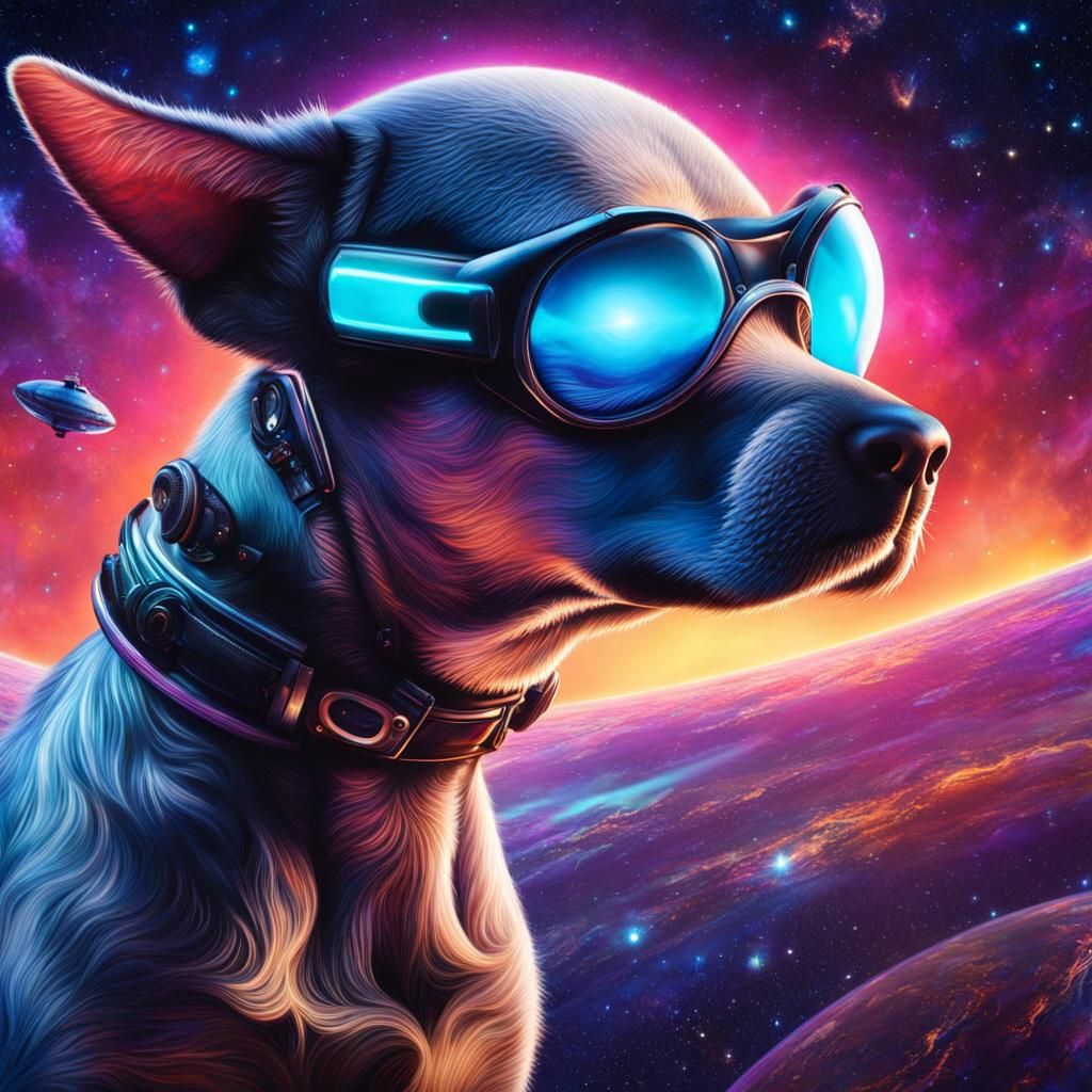 Alien Dog Floating in Space, Cosmic Illustration