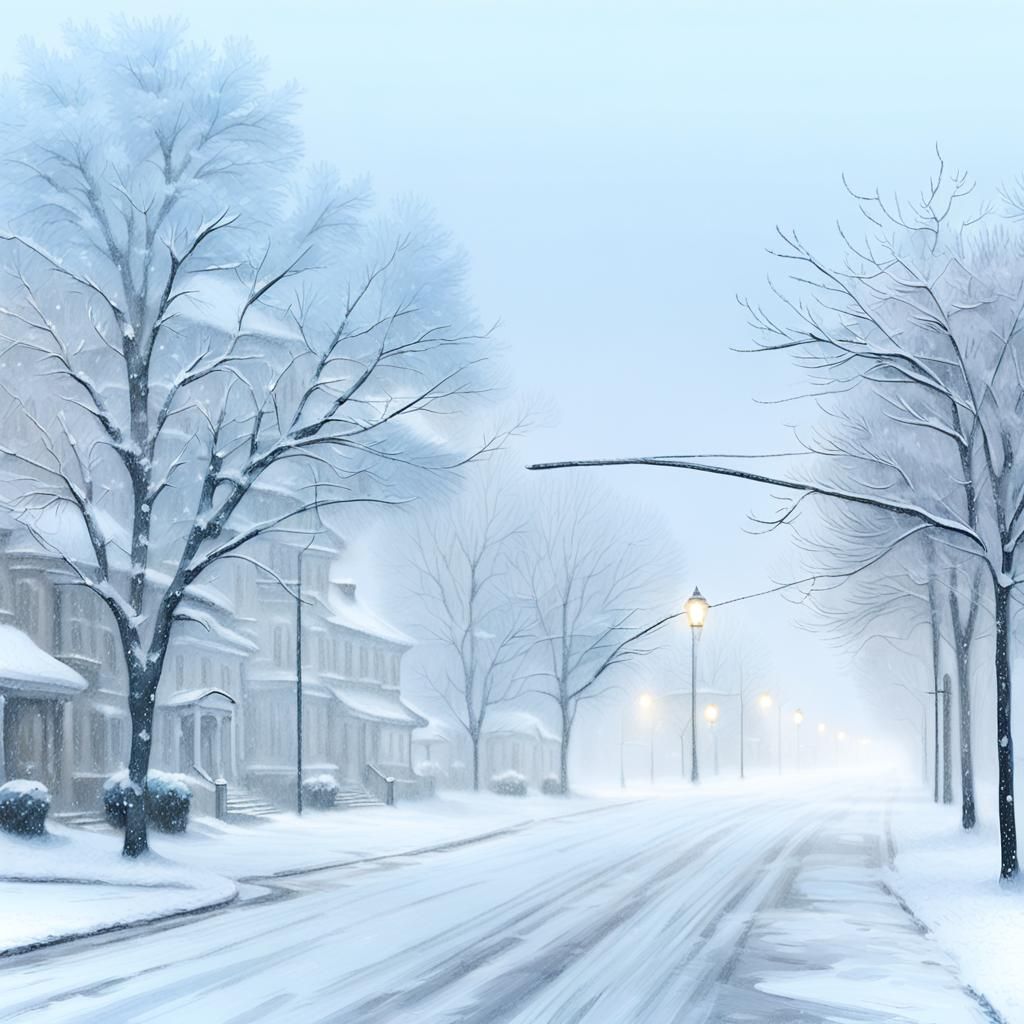 Winter Storm in Suburban Landscape Painted in Impressionist....