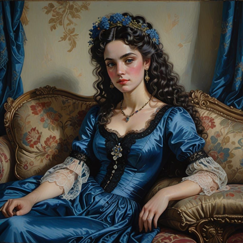 A portrait of a woman as she reclines on a sofa.  She gazes ...