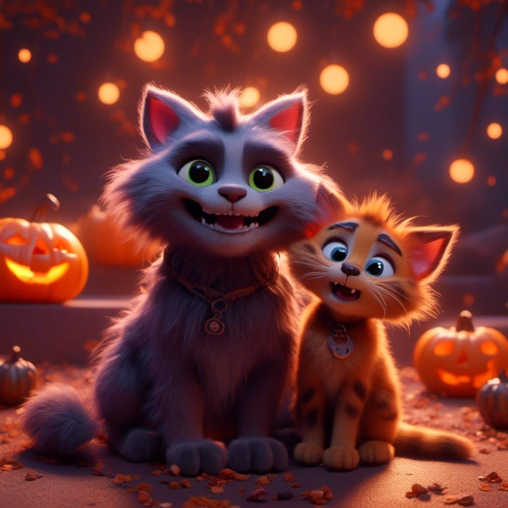 Cute Werewolf Cat and Kitten Halloween, 3D Digital Art