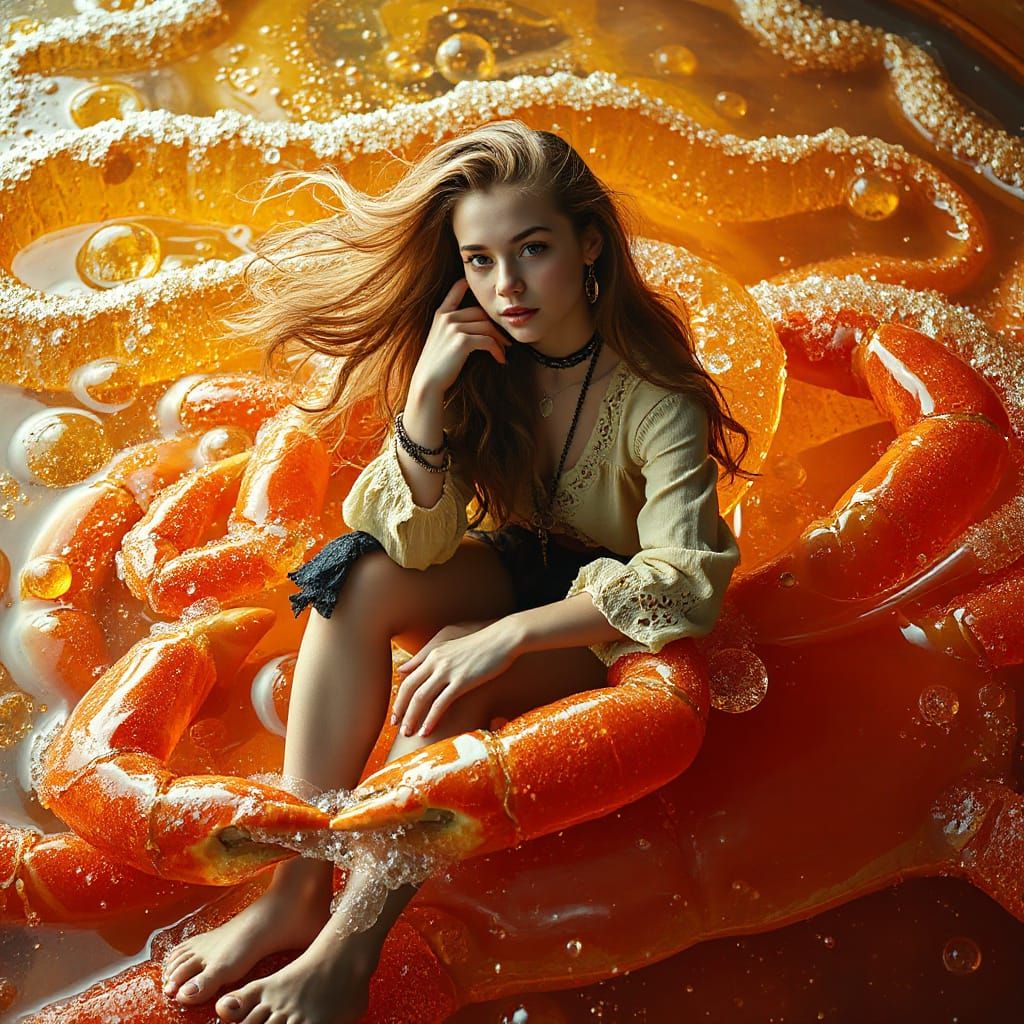 Woman on Gummy Crab in Effervescent Soda Sea