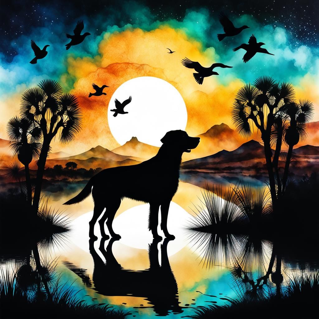 Labrador Silhouette Double Exposure with Alcohol Ink