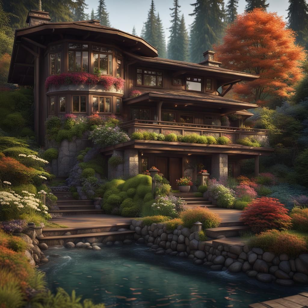 Pacific Northwest House with Persian Garden, Matte Painting