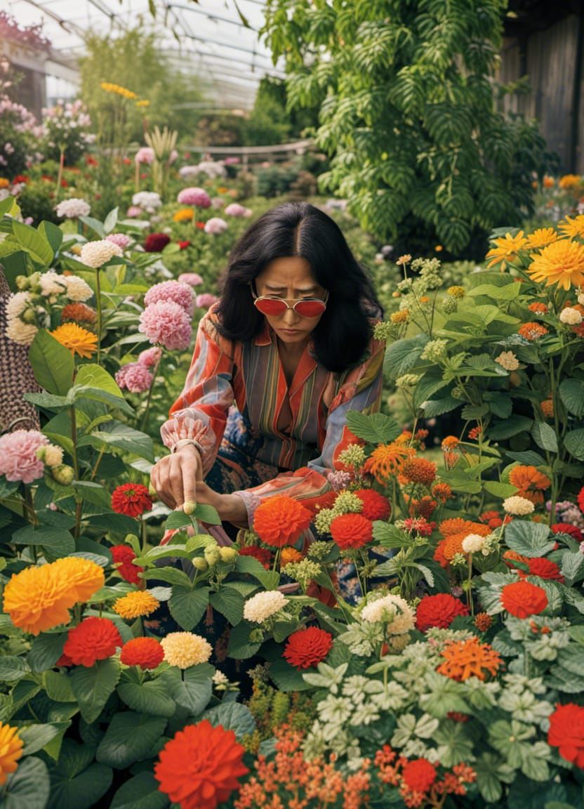 Yoko Ono as a gardener, pruning and tending to vibrant flowe...