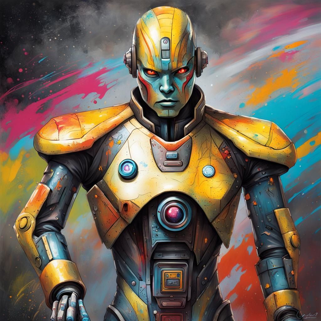 Asian Android in Graffiti Street Art Style