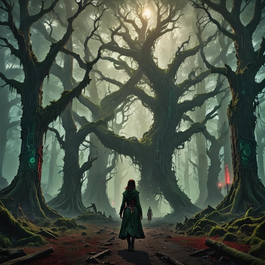 Girl Approaches Tech Barrier in Mystical Forest