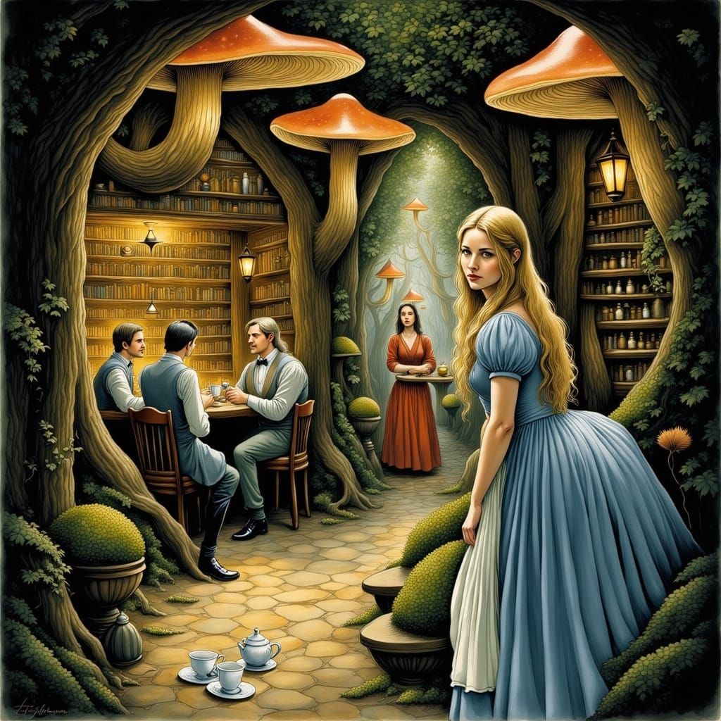 Alice Peeks into Eccentric Tavern, Surreal Dreamlike Scene