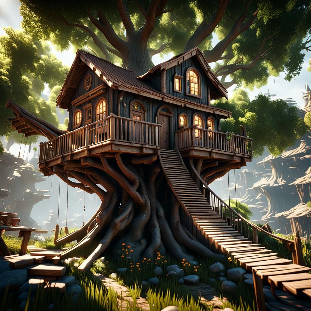 Epic Tree House in 3D Game Cinematic Style