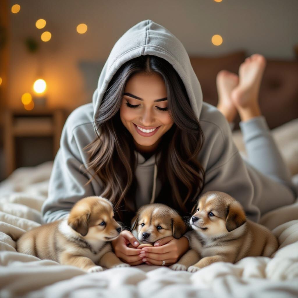 Indian Woman Playing with Puppies in Cozy Setting