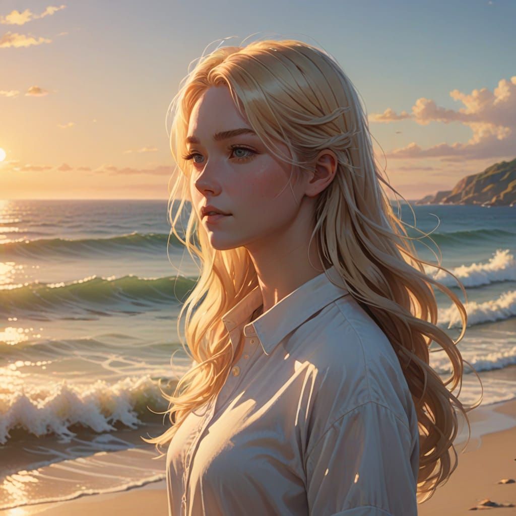 Anime Girl by the Sea at Golden Hour