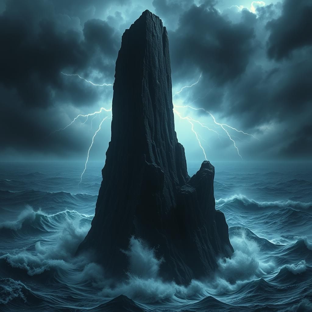 Towering Black Monolith in Stormy Sea, Dark Fantasy