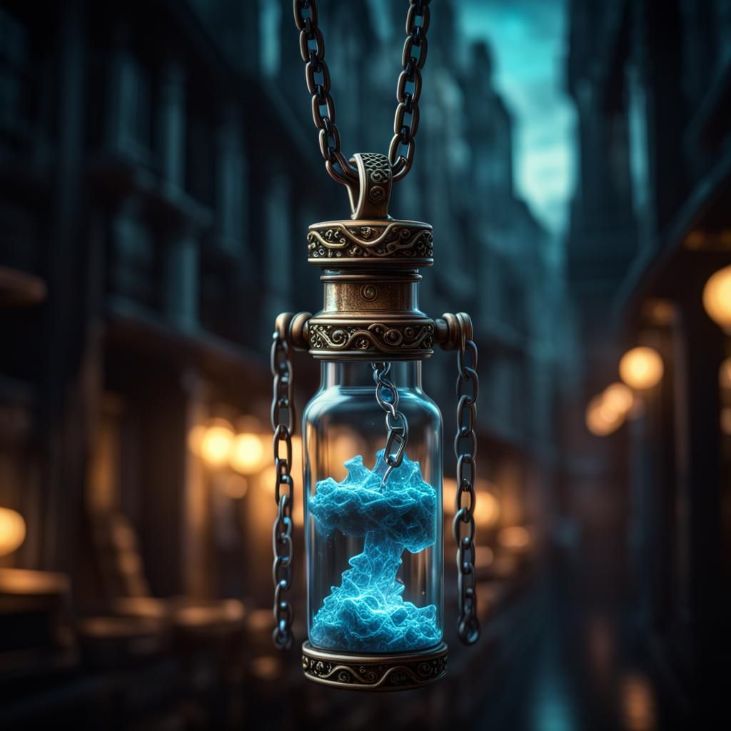 Glowing DNA Vial on Chain, Hyperrealistic Fantasy