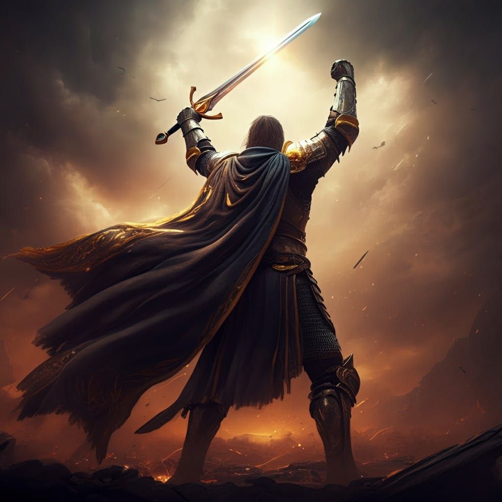 Heroic Warrior Raises Sword in Triumph