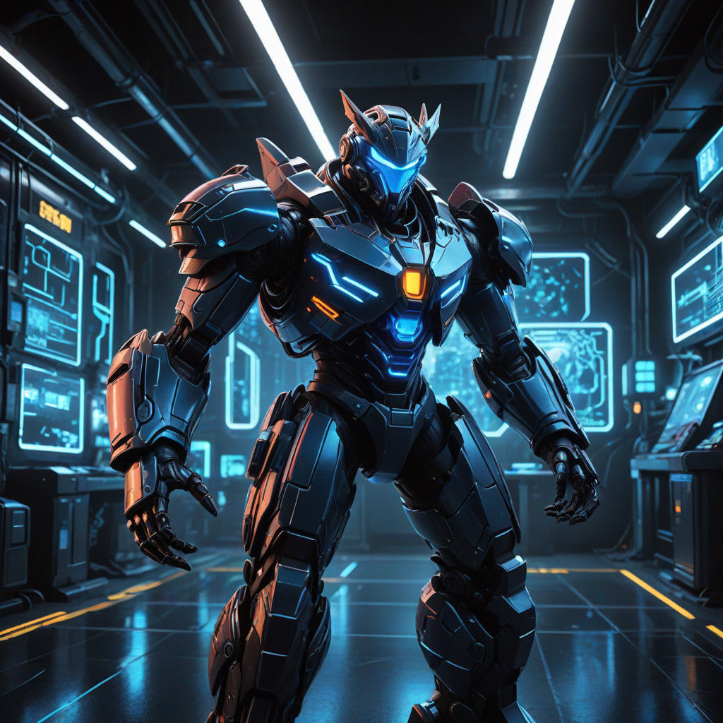 Surreal Cyberpunk Digimon Holding Artifact in Lab