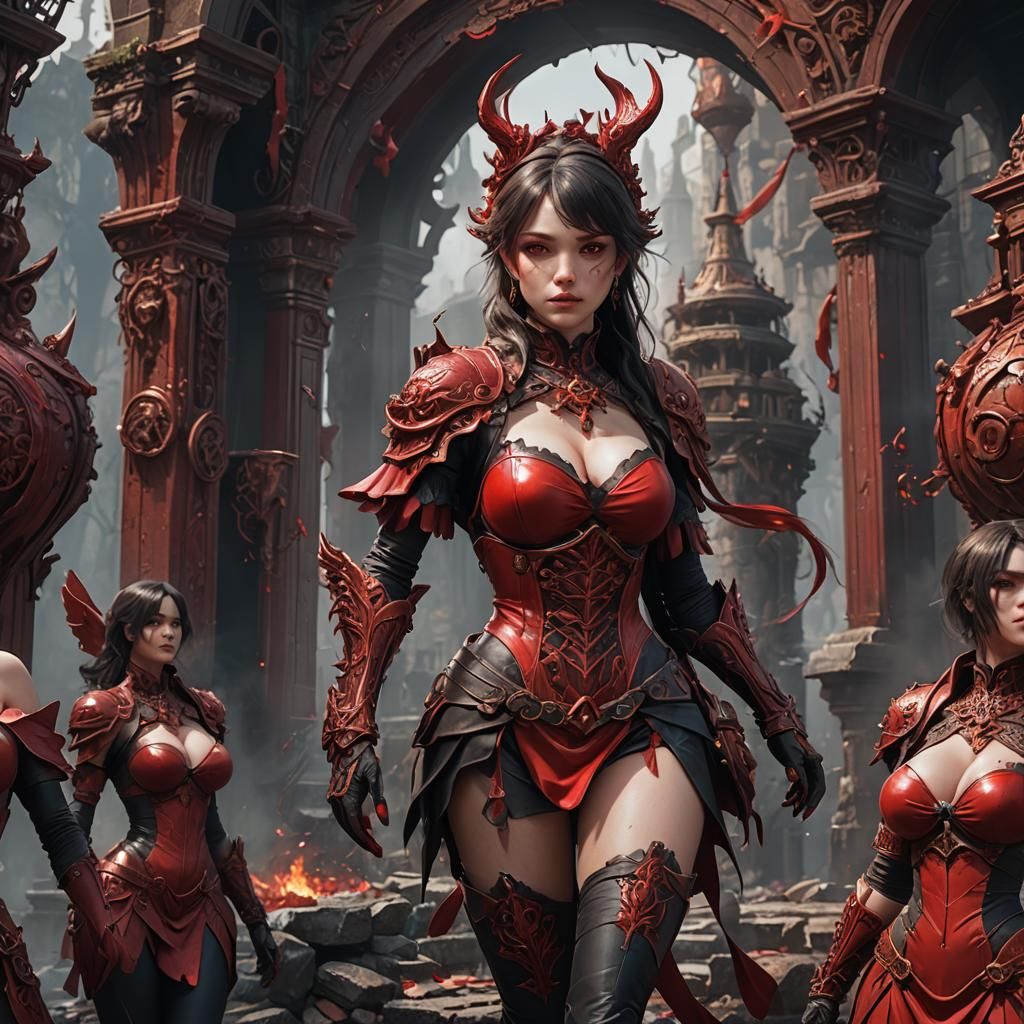Fantasy Girl in Red Stockings, Detailed Matte Painting