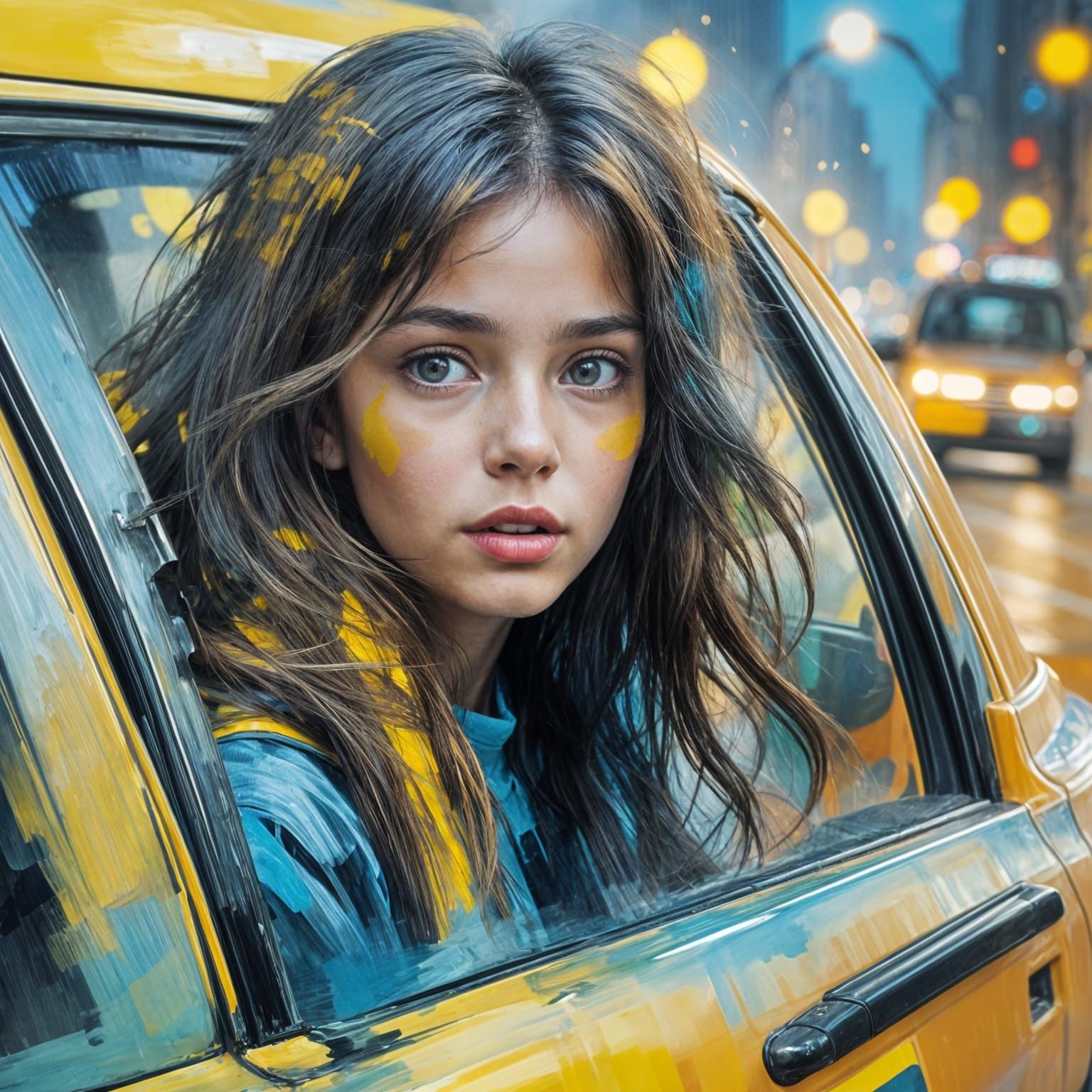 Abstract Art: Shy Brunette Girl in Taxi
