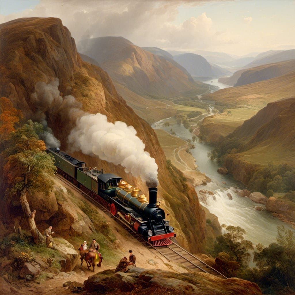 Bird's eye view steam locomotive on a curving precipice over...