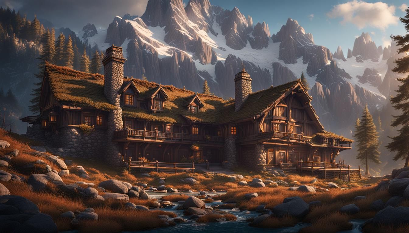 Rustic Mountain Lodge: Detailed Matte Painting
