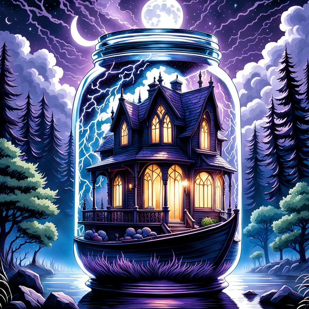 Glass Jar Thunderstorm: Gothic Watercolor Masterpiece