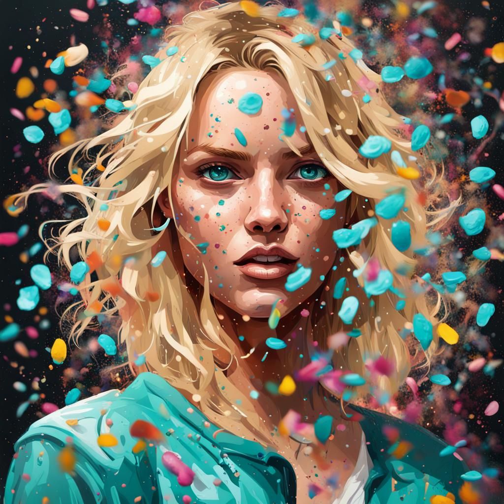 Blonde Woman Celebrates Victory in Graffiti Art Style